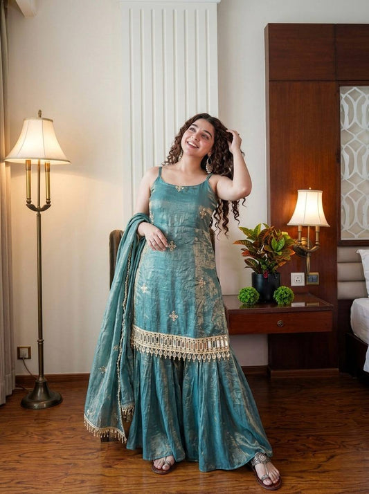 Elegant Teal Fendy Silk Embroidered Sharara Set with Mirror Work Dupatta