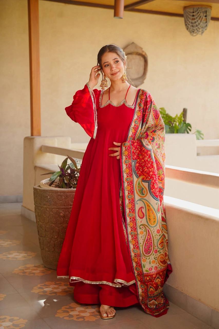 Tabby Silk Anarkali Palazzo Set with Mirror Lace