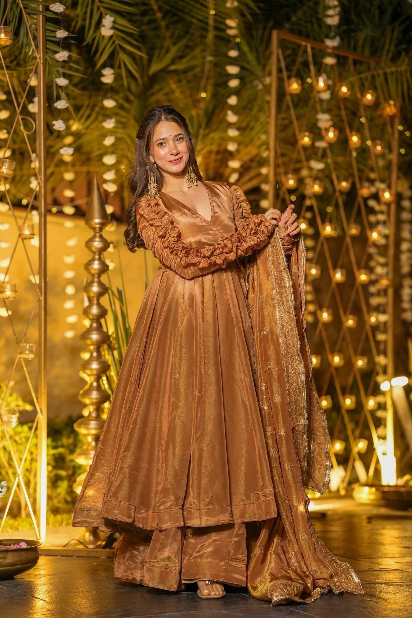 Copper Gold Designer Anarkali Suit Set with Embroidered Dupatta