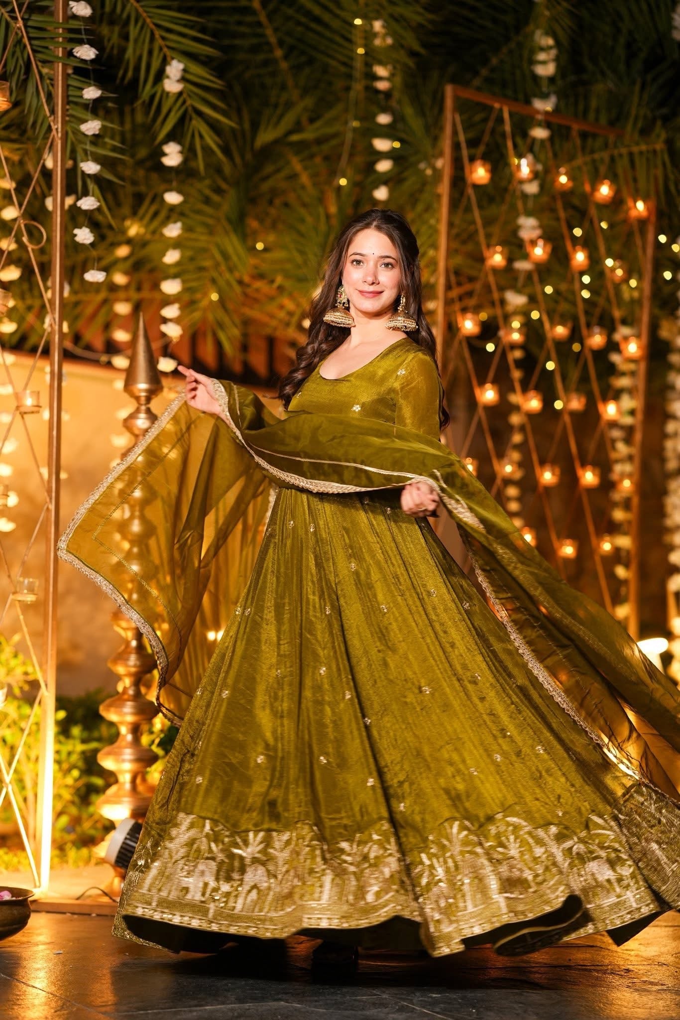 Women's Olive Green Heavy Crunchy Silk Designer Anarkali Suit Set – The Modern Nari