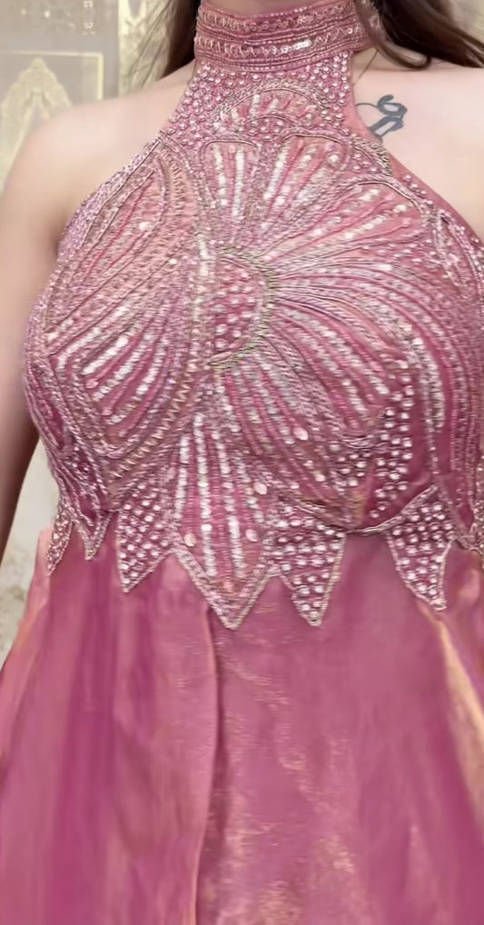 Heavy Fandy Silk Handwork Halter Neck Sharara Palazzo Set