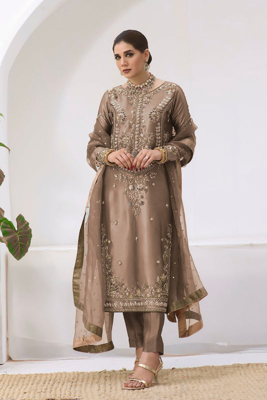 Pakistani Designer Jimmy Choo Silk Suit Set with Embroidered Dupatta