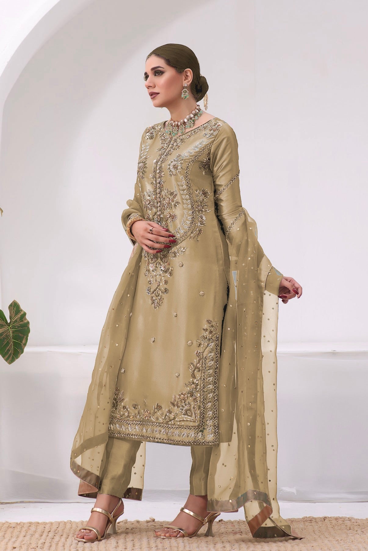 Pakistani Designer Jimmy Choo Silk Suit Set with Embroidered Dupatta