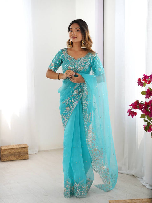 Designer Heavy Organza Silk Saree with Thread & Sequin Embroidery