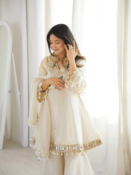 Elegant Organza Silk Mirror Work Sharara Suit Set with Dupatta