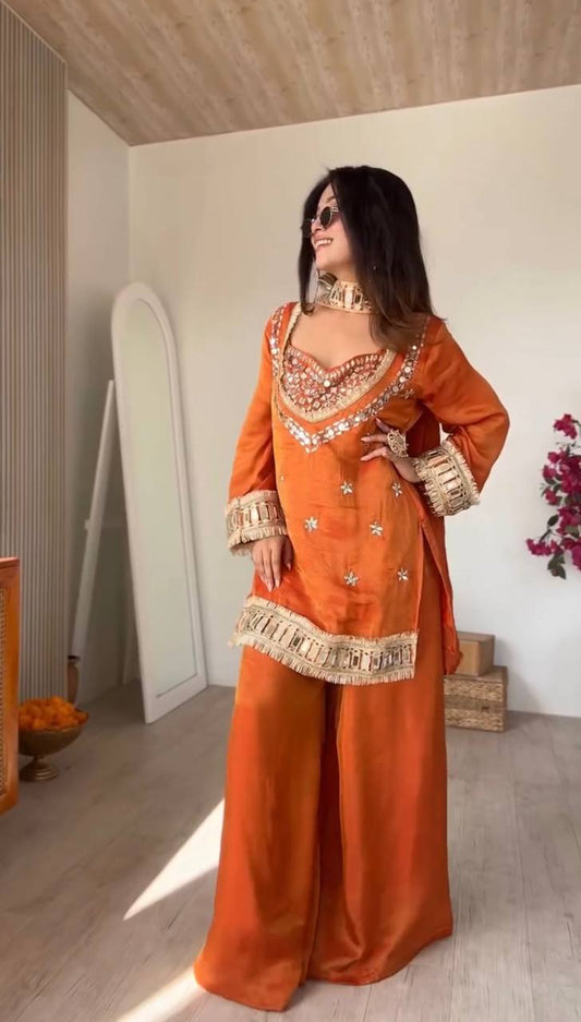 Royal Orange Mirror Work Sharara Set