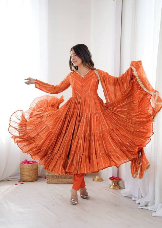 Mal Chanderi Mirror Work Ruffle Anarkali Gown Set