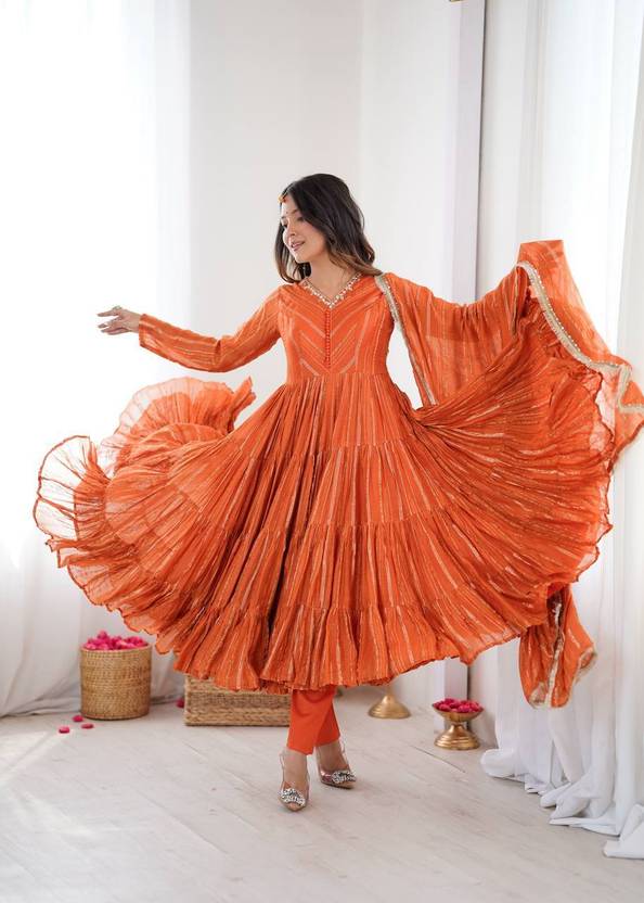 Mal Chanderi Mirror Work Ruffle Anarkali Gown Set