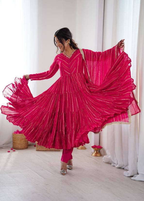 Mal Chanderi Mirror Work Ruffle Anarkali Gown Set