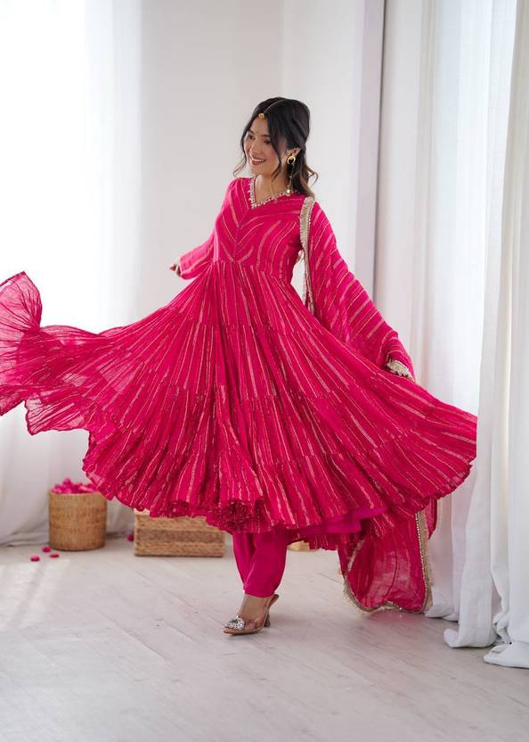Mal Chanderi Mirror Work Ruffle Anarkali Gown Set
