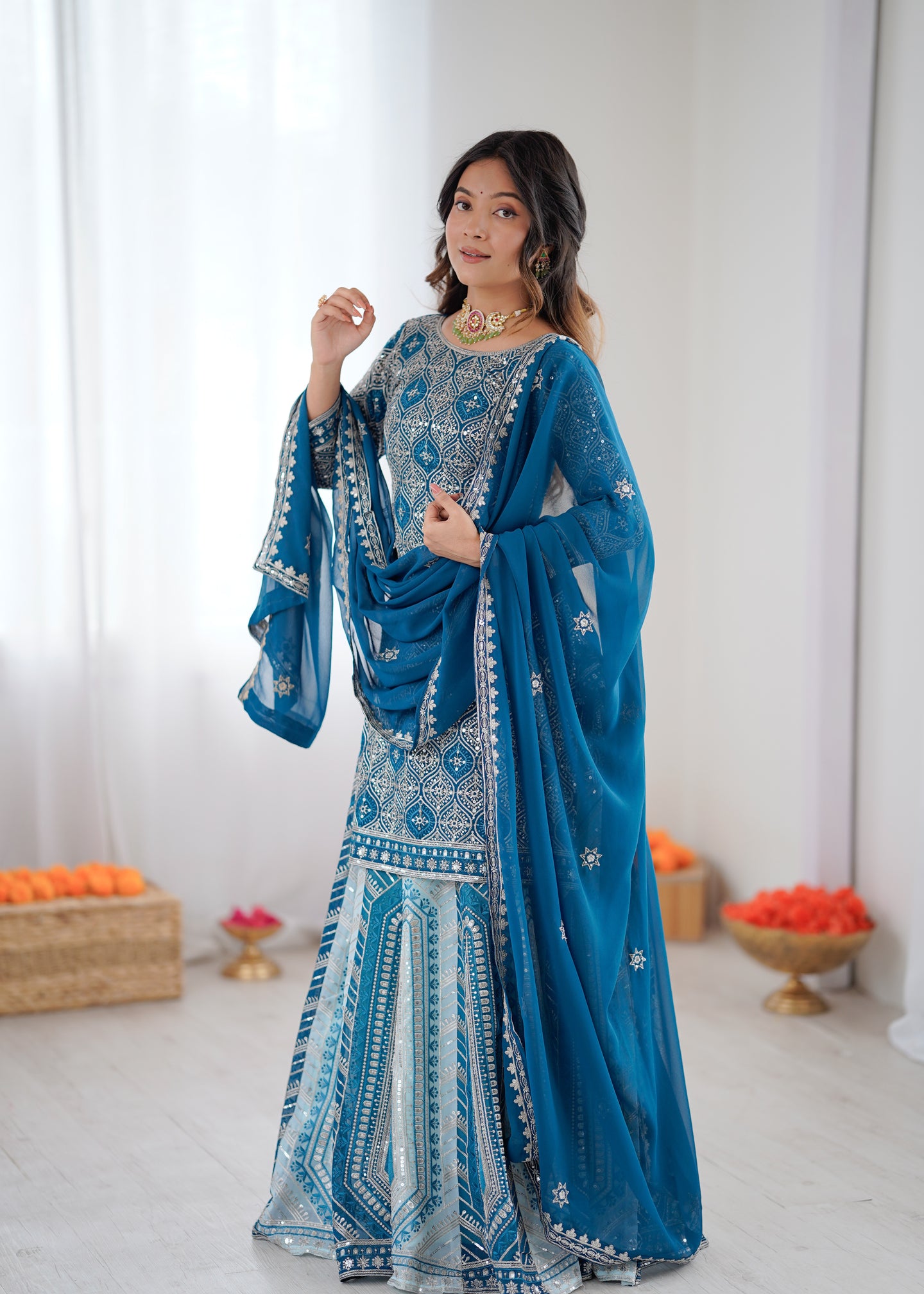 Designer Faux Georgette Lehenga Set with Thread & Sequin Work and Semi-Stitched Top