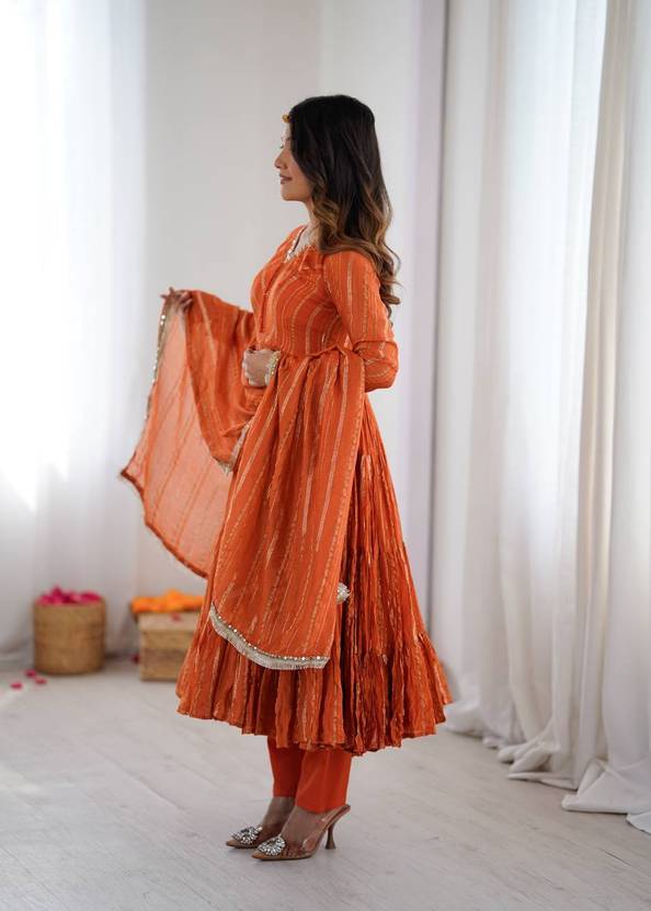 Mal Chanderi Mirror Work Ruffle Anarkali Gown Set