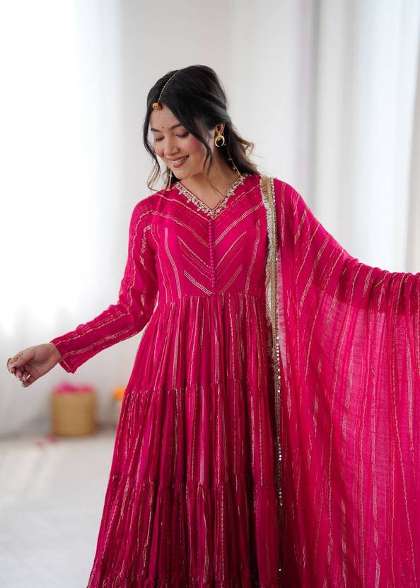 Mal Chanderi Mirror Work Ruffle Anarkali Gown Set