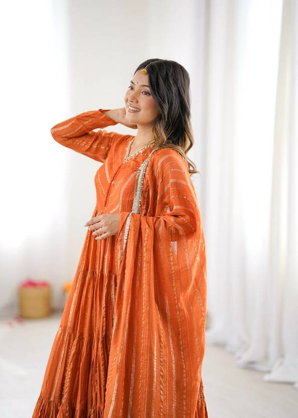 Mal Chanderi Mirror Work Ruffle Anarkali Gown Set