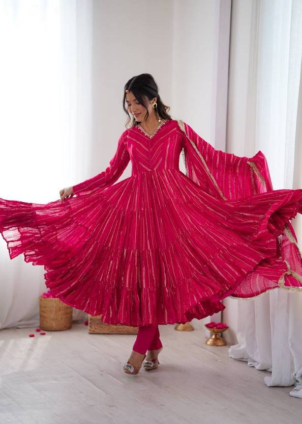 Mal Chanderi Mirror Work Ruffle Anarkali Gown Set