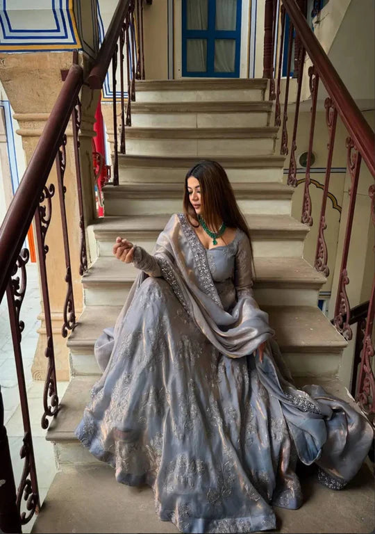 Heavy Fandy Silk Anarkali Plazzo Set Embroidery Party Wear