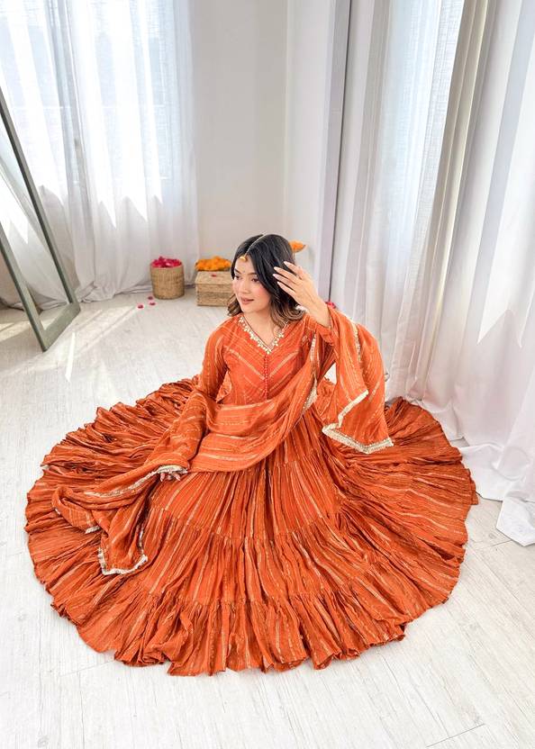 Mal Chanderi Mirror Work Ruffle Anarkali Gown Set