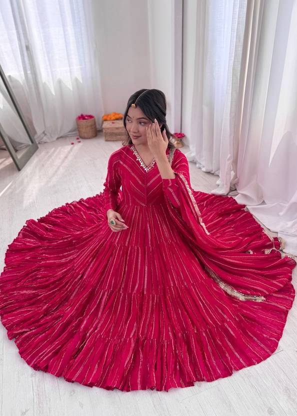 Mal Chanderi Mirror Work Ruffle Anarkali Gown Set