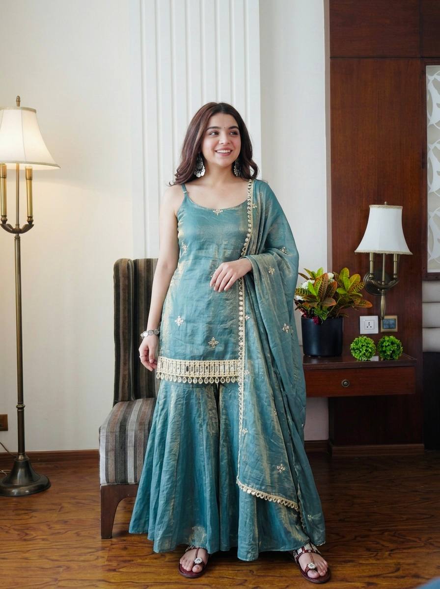 Elegant Teal Fendy Silk Embroidered Sharara Set with Mirror Work Dupatta