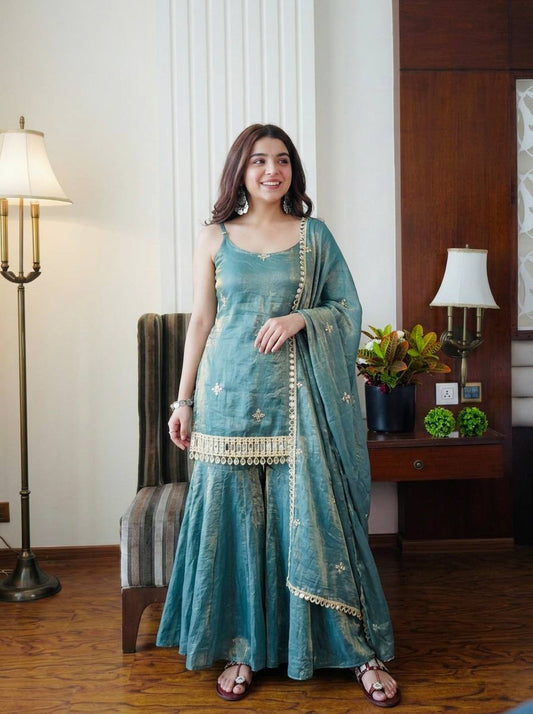 Elegant Teal Fendy Silk Embroidered Sharara Set with Mirror Work Dupatta
