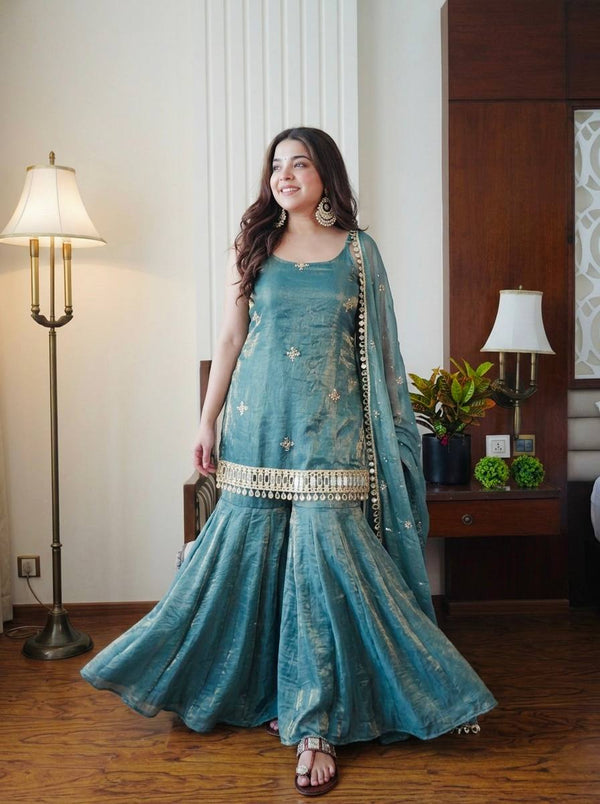 Elegant Teal Fendy Silk Embroidered Sharara Set with Mirror Work Dupatta