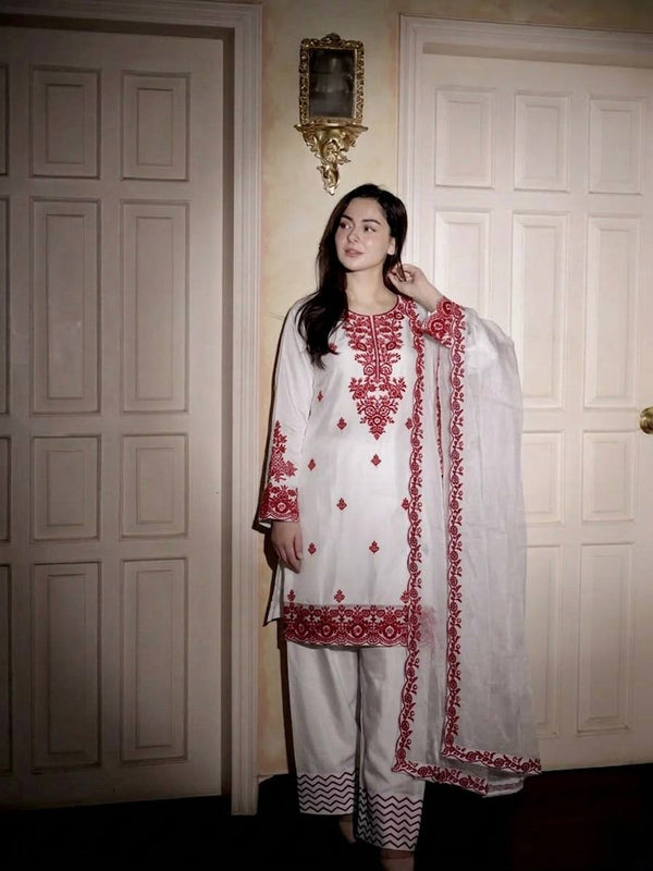 Elegant White Rayon Cotton Embroidered Kurta Set with Farshi Pants & Dupatta