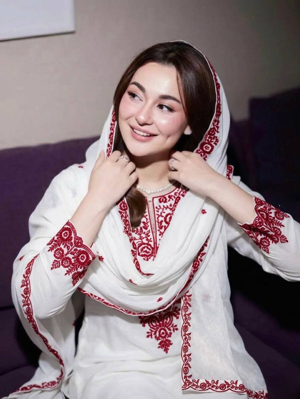 Elegant White Rayon Cotton Embroidered Kurta Set with Farshi Pants & Dupatta