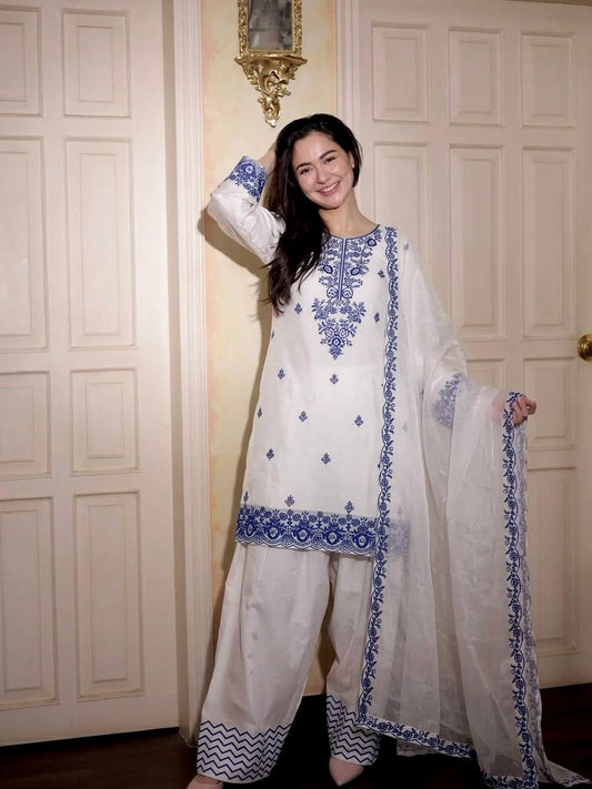 Elegant White Rayon Cotton Embroidered Kurta Set with Farshi Pants & Dupatta