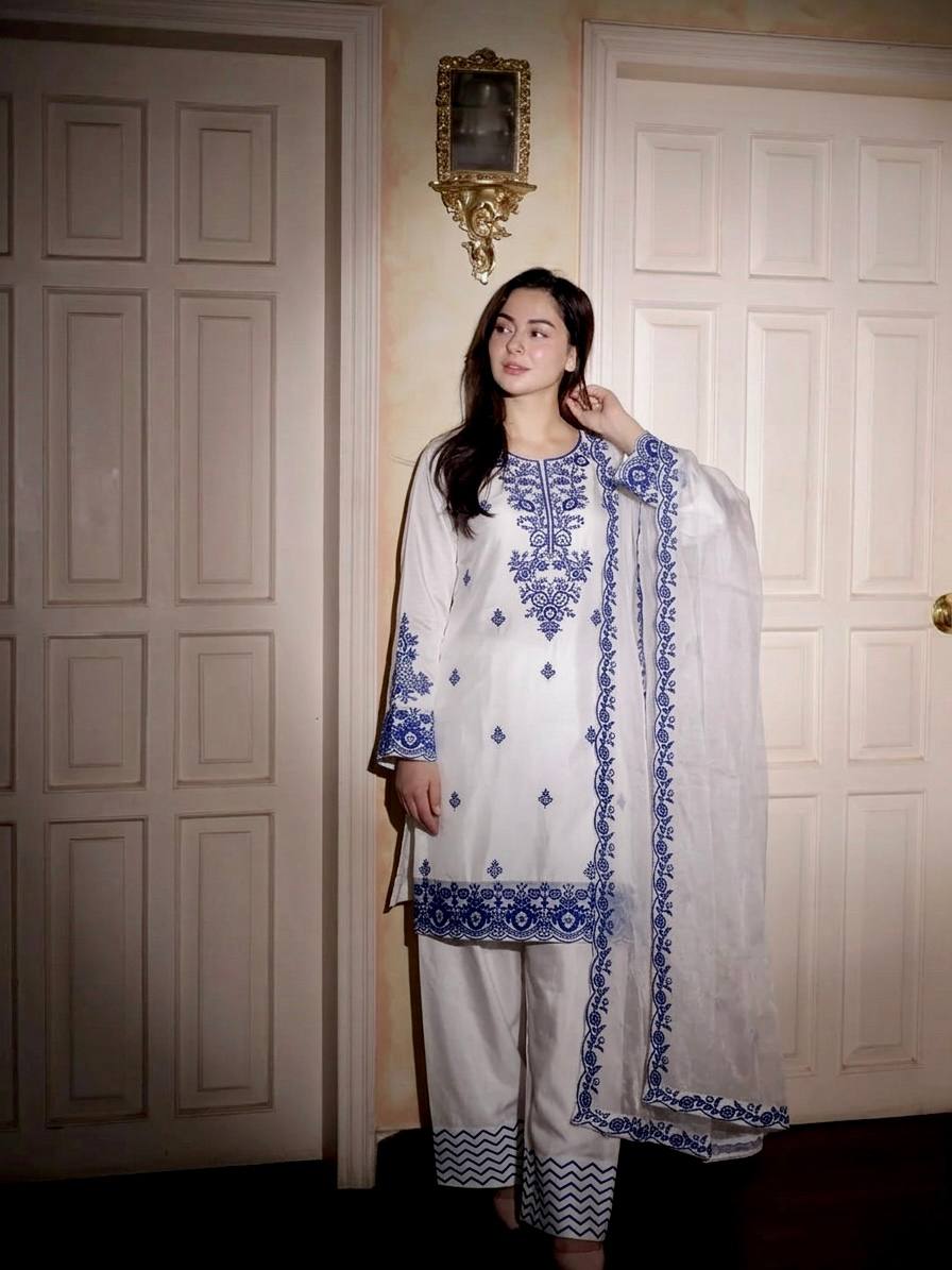 Elegant White Rayon Cotton Embroidered Kurta Set with Farshi Pants & Dupatta