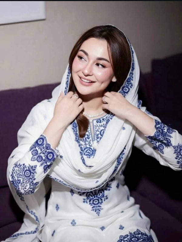 Elegant White Rayon Cotton Embroidered Kurta Set with Farshi Pants & Dupatta