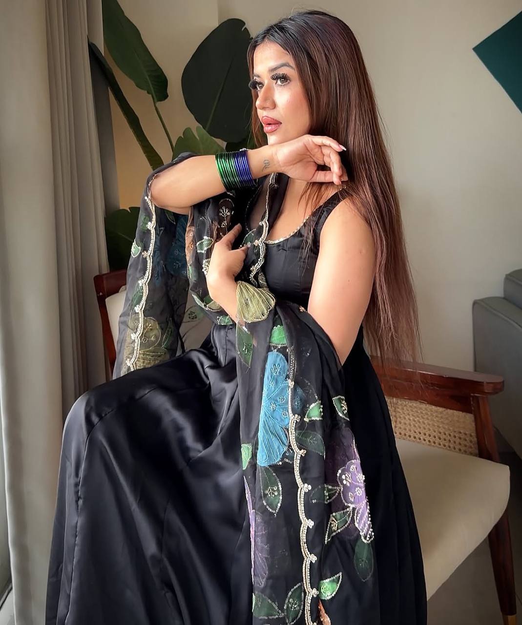 Natural Crepe Anarkali Suit Set with Printed Dupatta