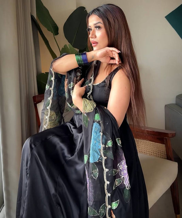 Natural Crepe Anarkali Suit Set with Printed Dupatta