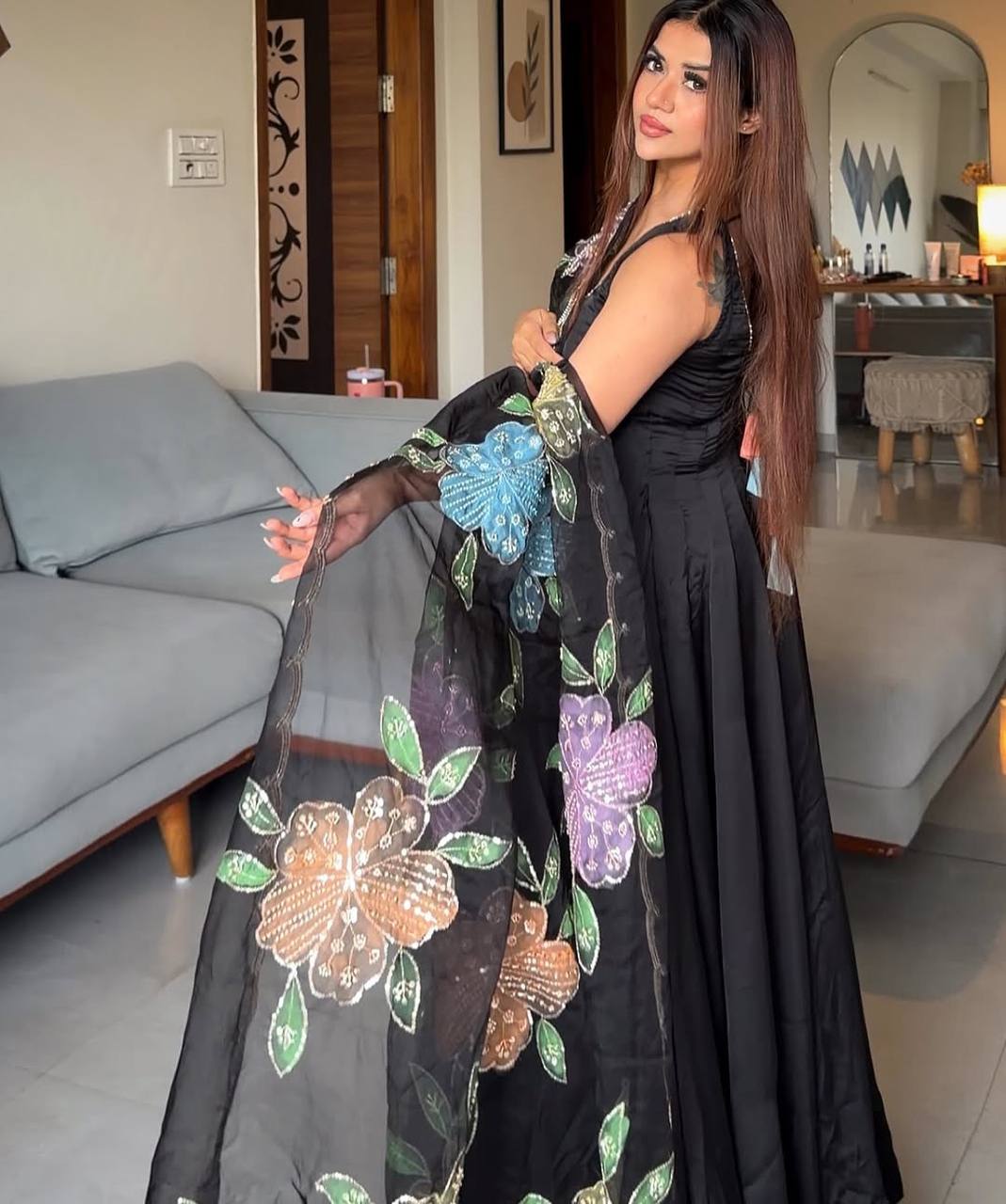 Natural Crepe Anarkali Suit Set with Printed Dupatta