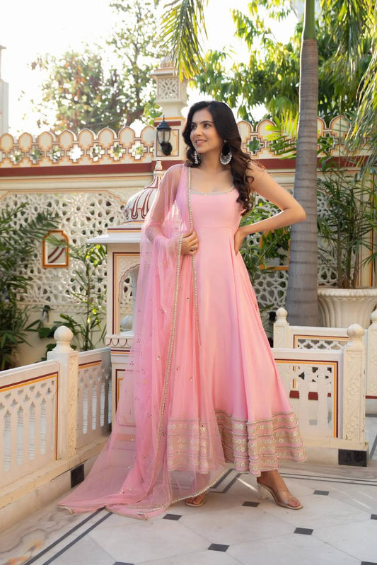 Natural Crepe Anarkali Set with Mirror Work Dupatta