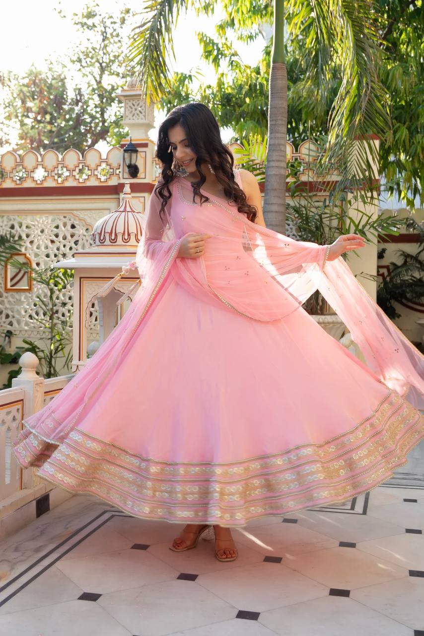 Natural Crepe Anarkali Set with Mirror Work Dupatta