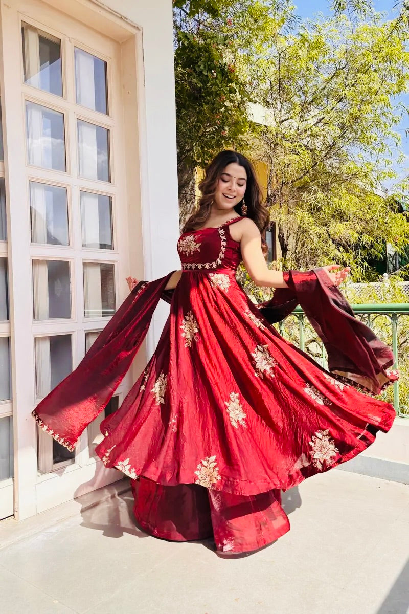 Fendy Silk Gown Sharara Set Embroidery Party Wear