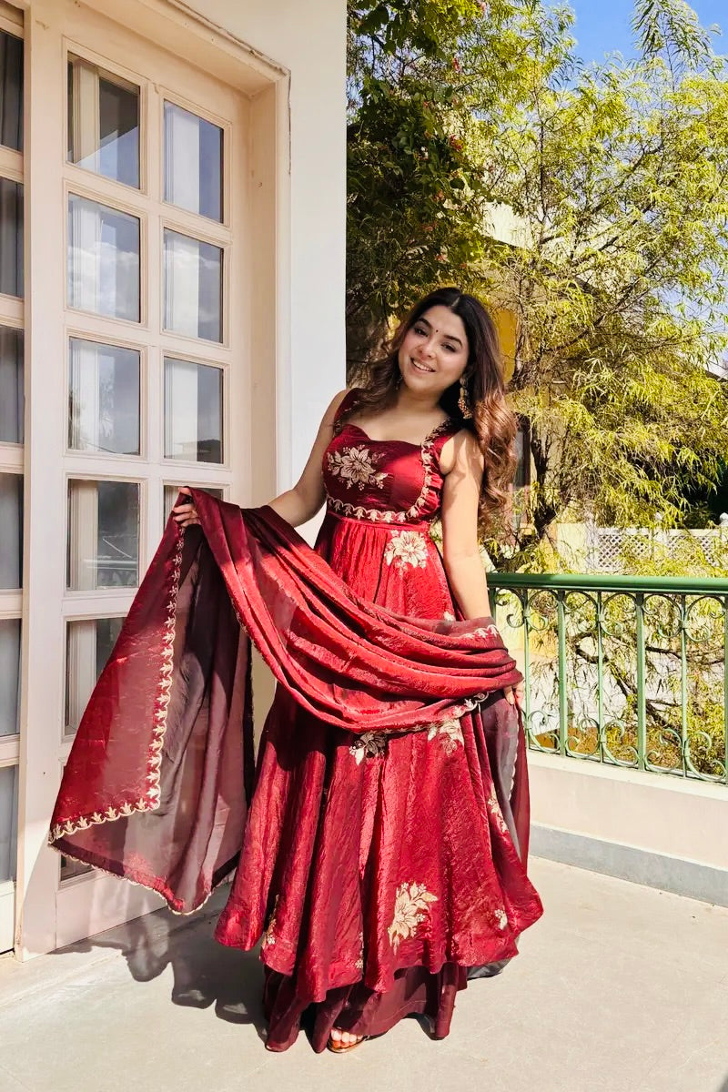 Fendy Silk Gown Sharara Set Embroidery Party Wear