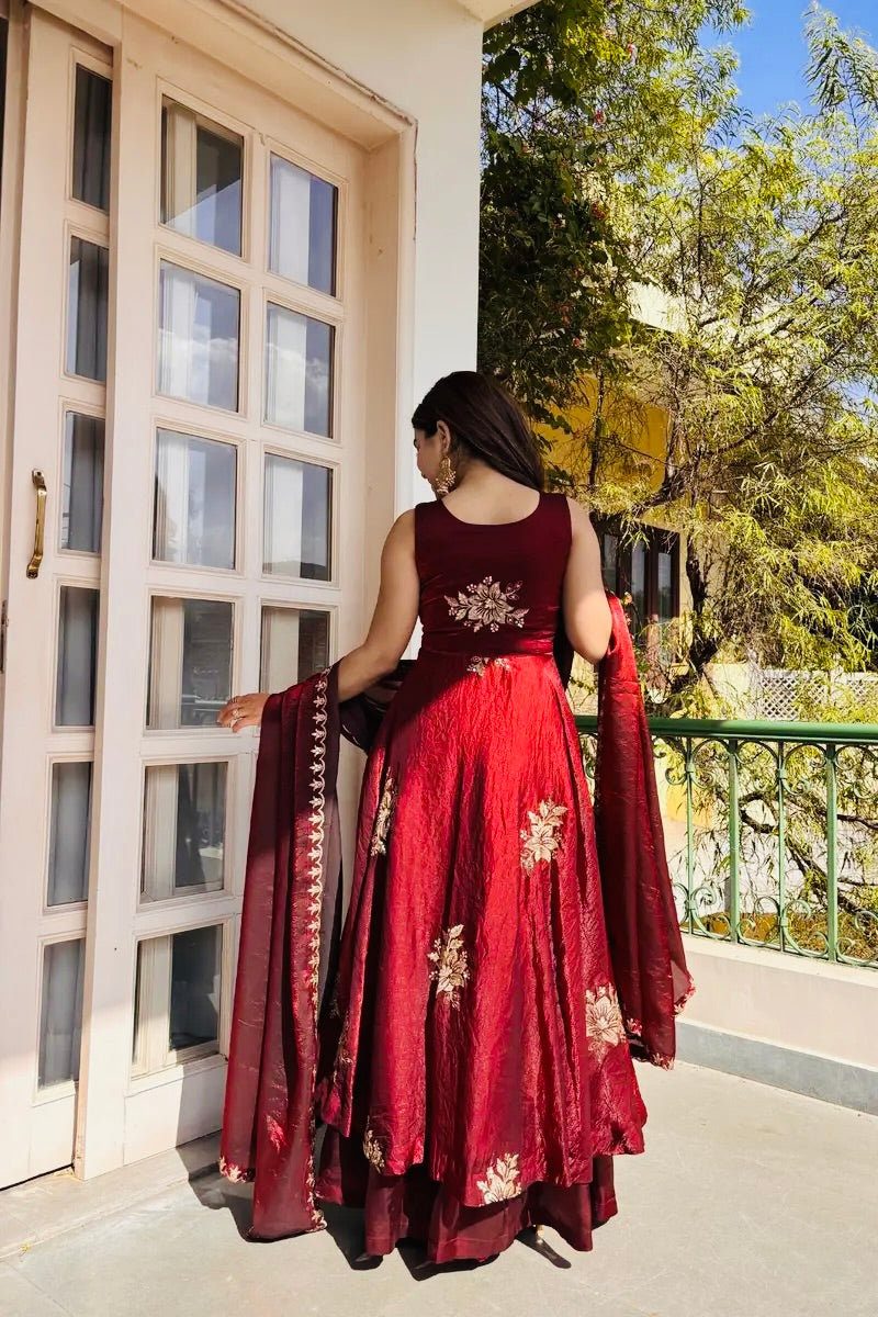 Fendy Silk Gown Sharara Set Embroidery Party Wear