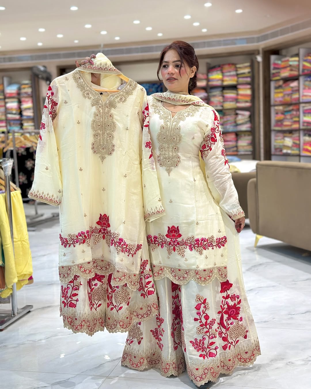 Women’s Chinon Silk Heavy Embroidery Sharara Suit Set with Dupatta