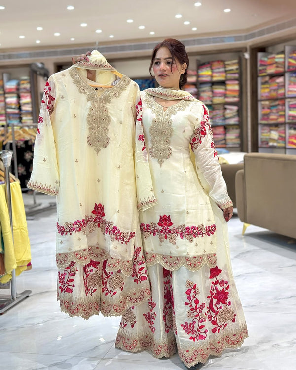 Women’s Chinon Silk Heavy Embroidery Sharara Suit Set with Dupatta