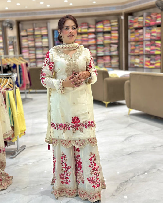 Women’s Chinon Silk Heavy Embroidery Sharara Suit Set with Dupatta
