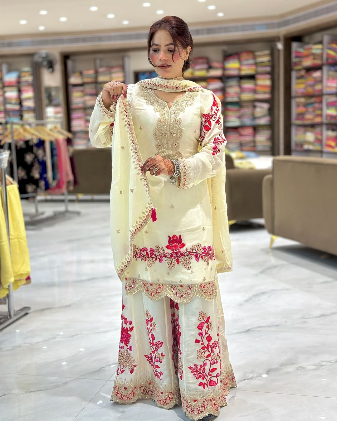 Women’s Chinon Silk Heavy Embroidery Sharara Suit Set with Dupatta
