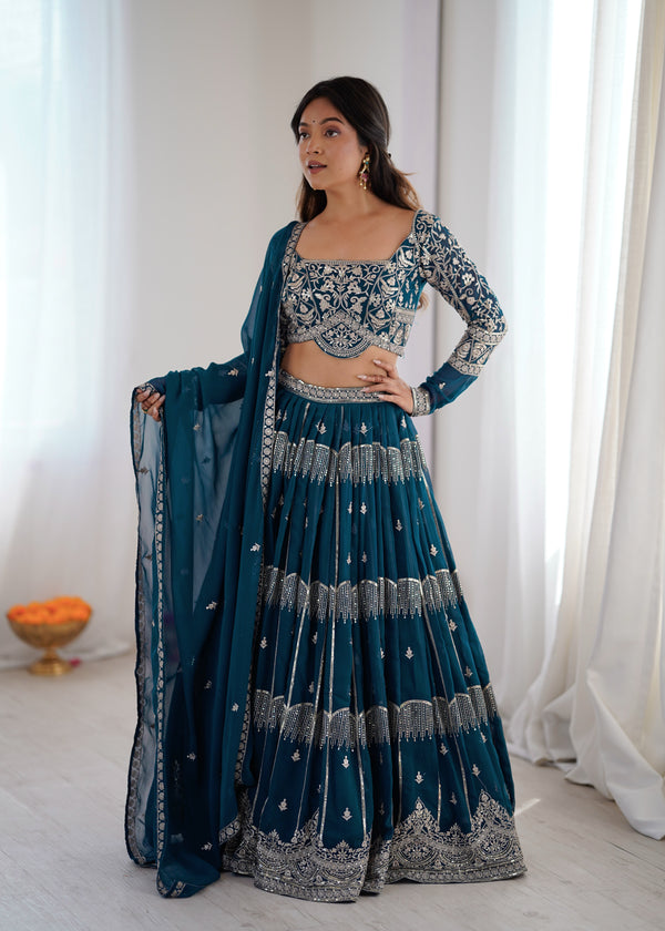 Designer Teal Embroidered Lehenga Choli Set with Dupatta