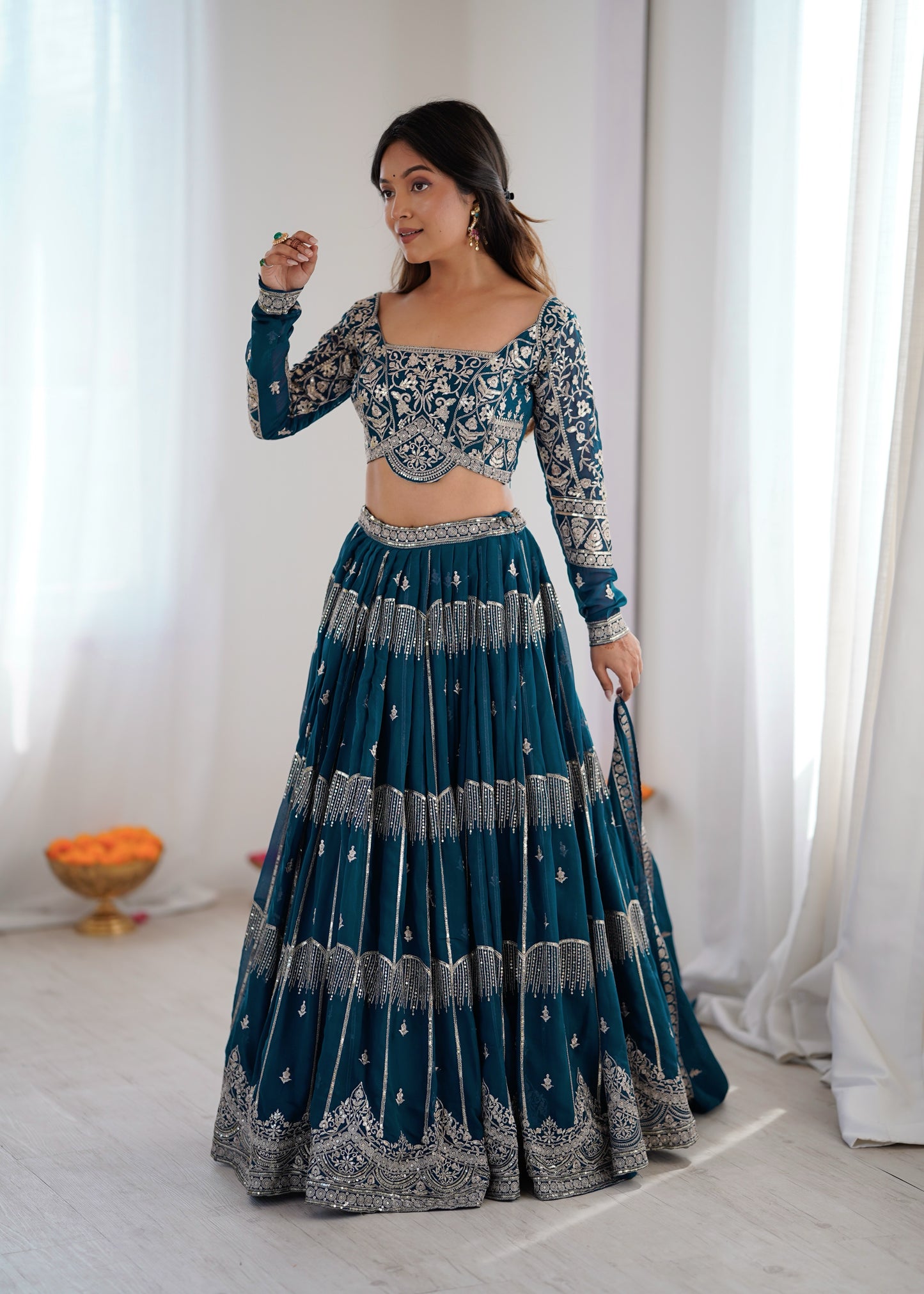 Designer Teal Embroidered Lehenga Choli Set with Dupatta