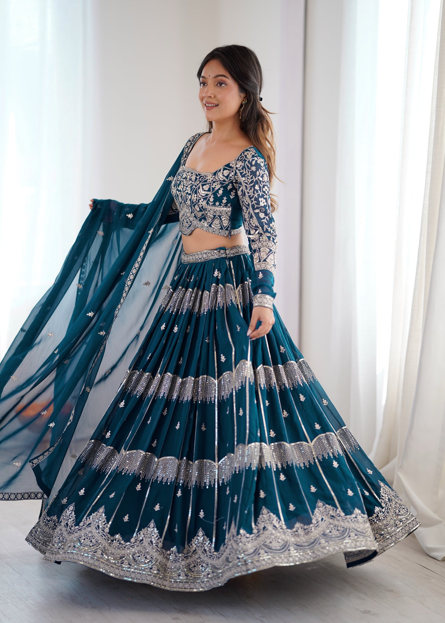 Designer Teal Embroidered Lehenga Choli Set with Dupatta