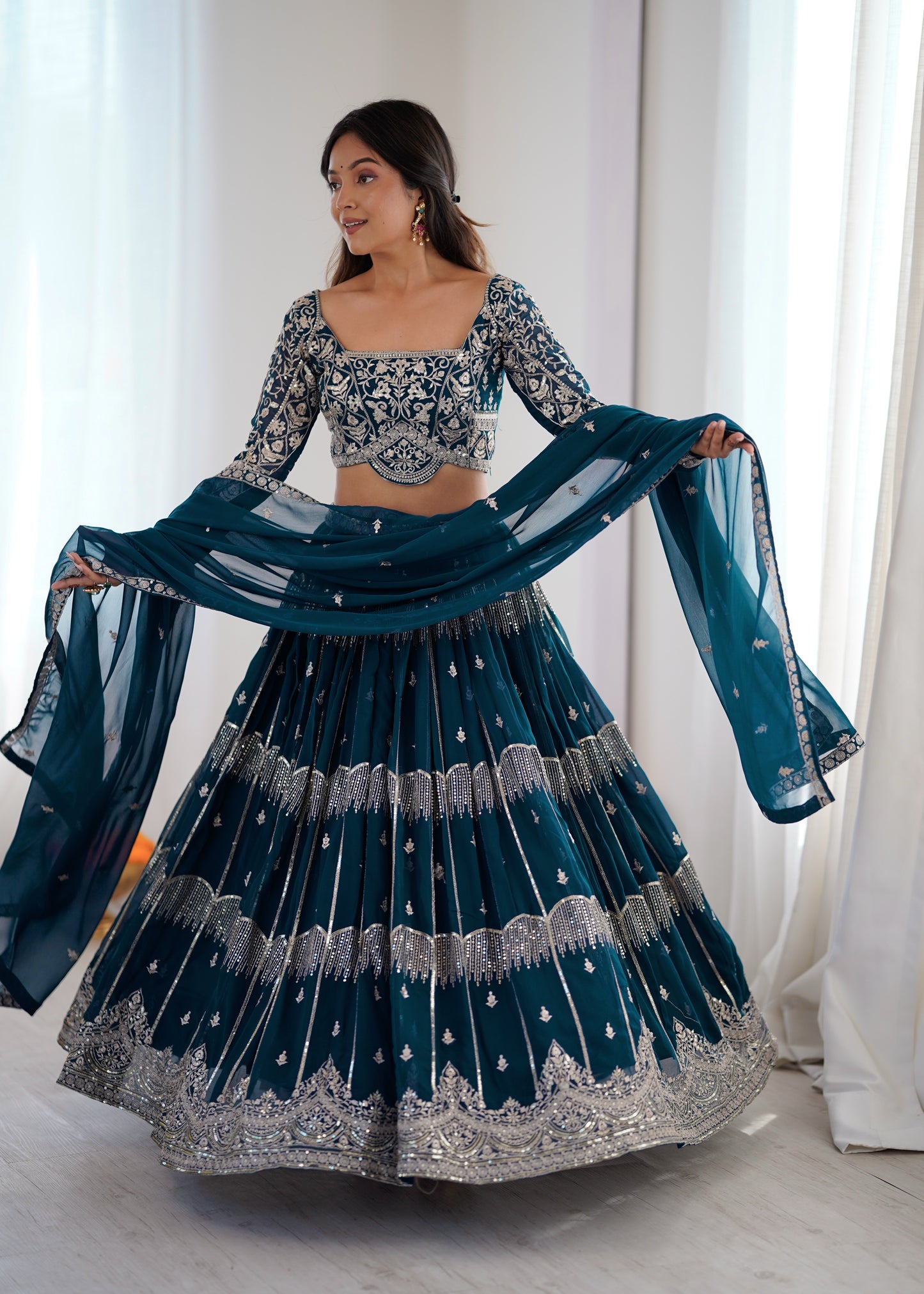 Designer Teal Embroidered Lehenga Choli Set with Dupatta