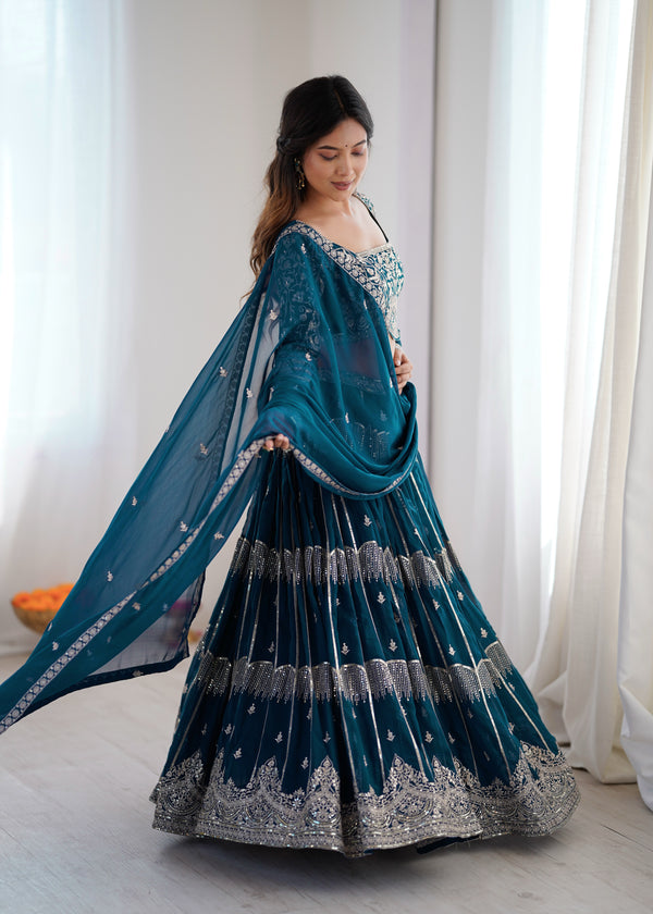 Designer Teal Embroidered Lehenga Choli Set with Dupatta