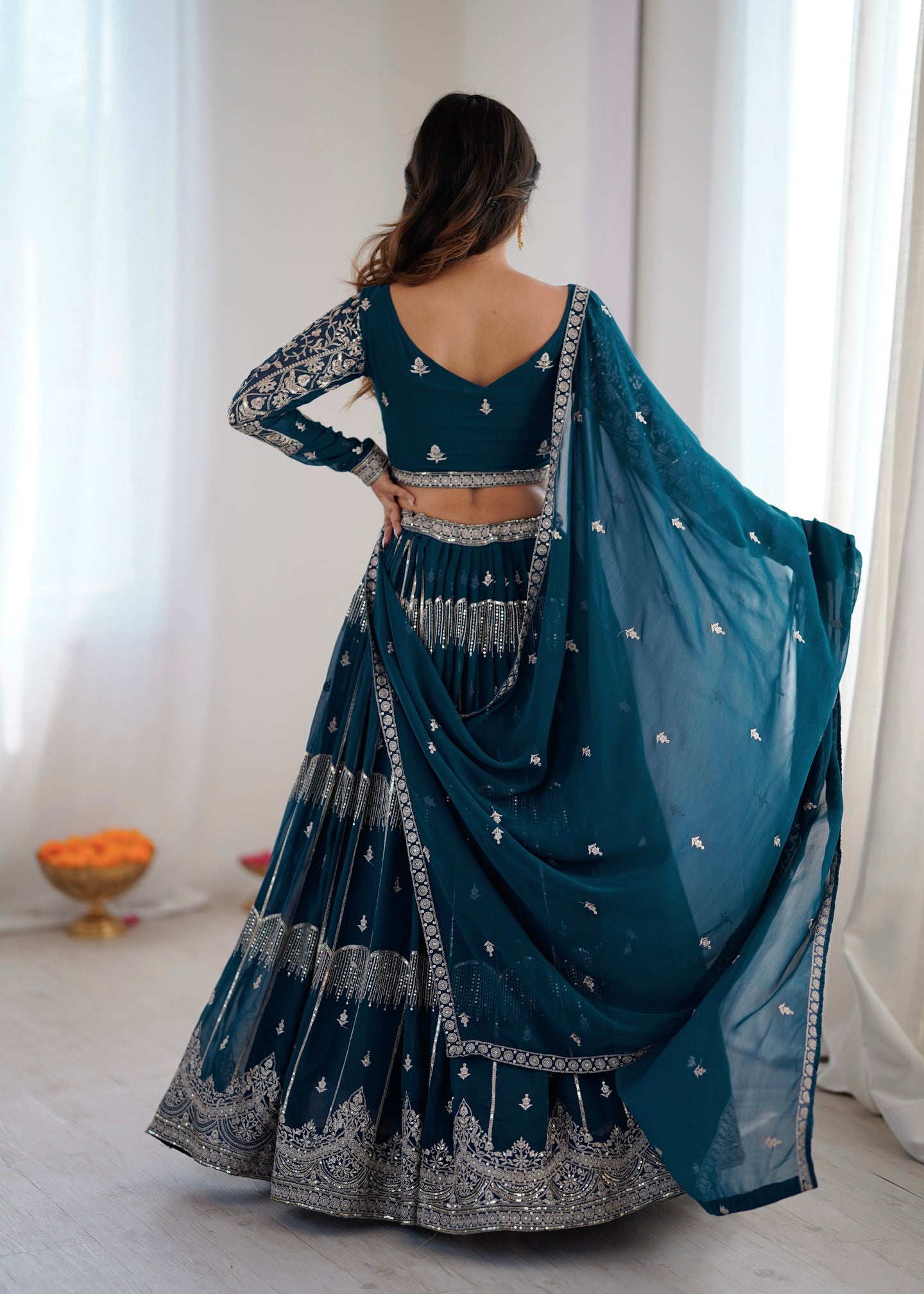 Designer Teal Embroidered Lehenga Choli Set with Dupatta