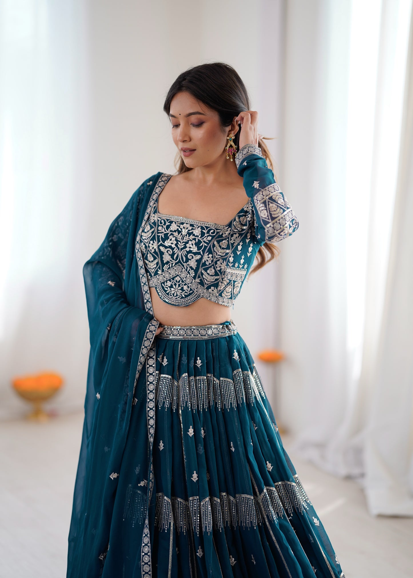 Designer Teal Embroidered Lehenga Choli Set with Dupatta
