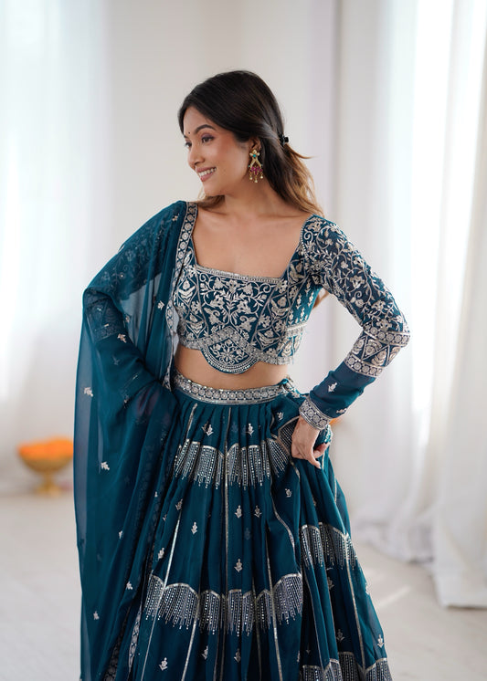 Designer Teal Embroidered Lehenga Choli Set with Dupatta